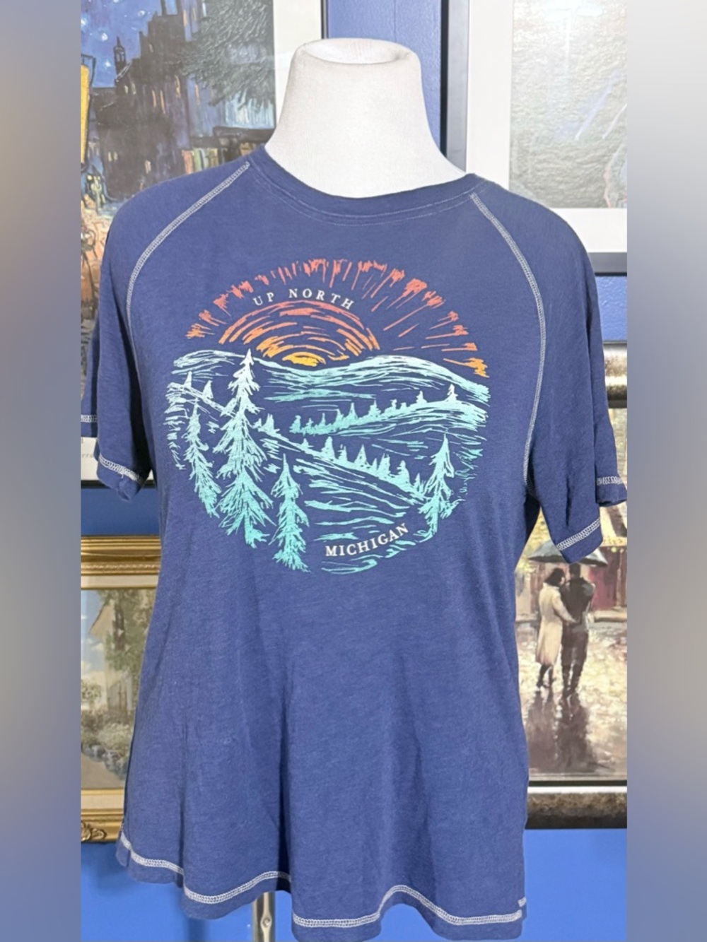 EMI Sportswe Navy Blue Short-Sleeve Tee with Up North Michigan Landscape Graphic